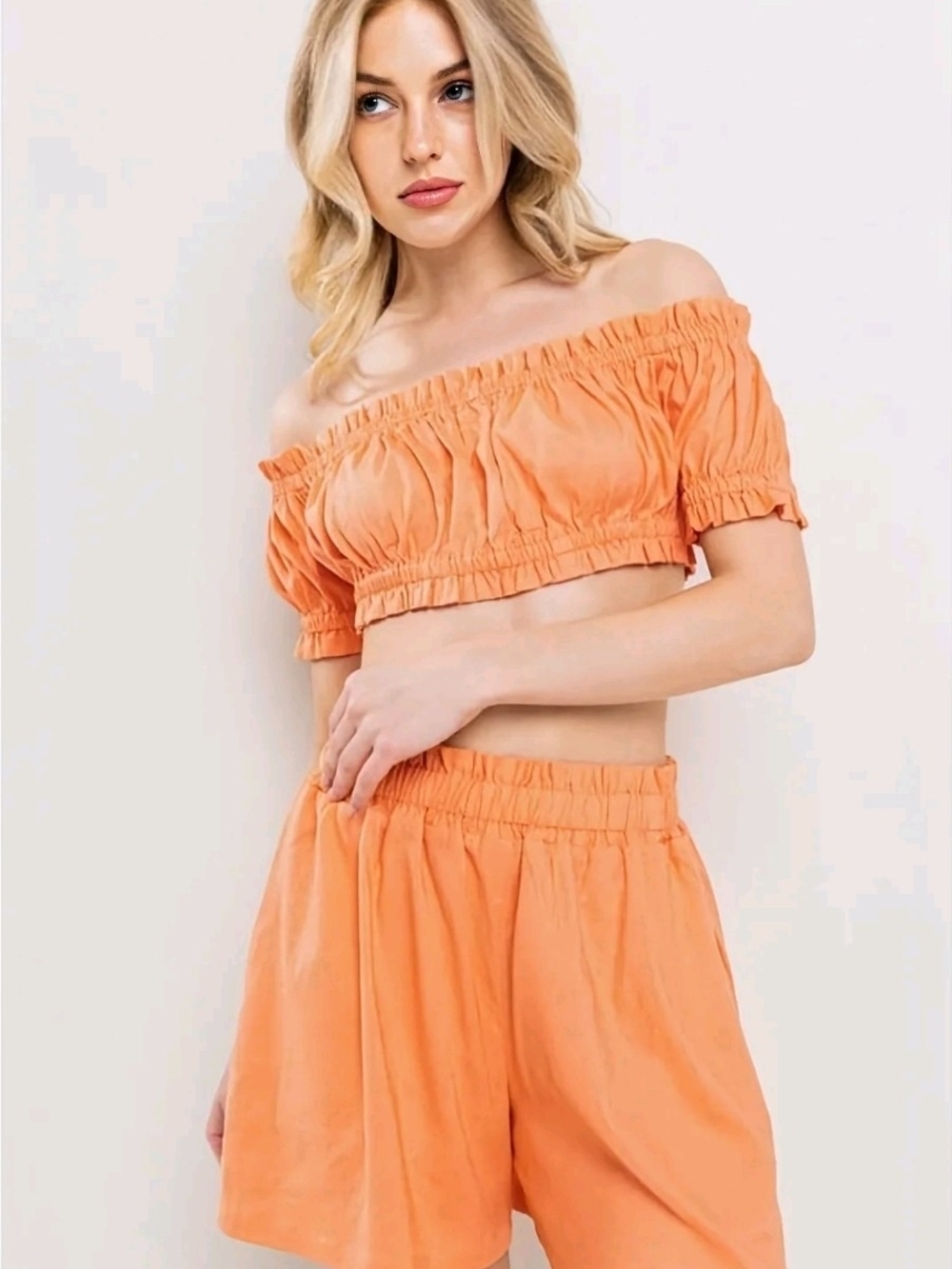 Off-Shoulder Ruffled Crop Top in Peach - Women's Top